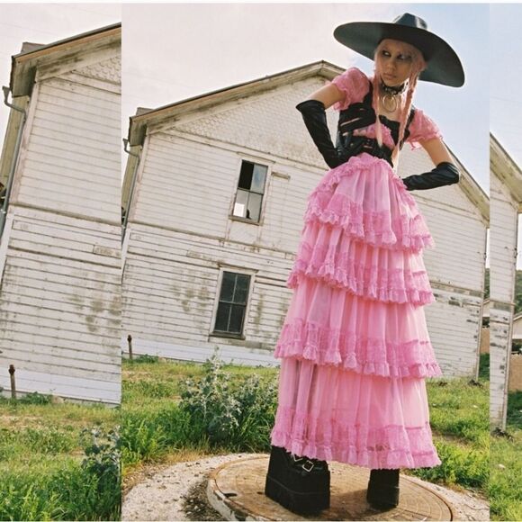 NEW Dolls Kill pink sheer lace kawaii‎ Pretty Imperfect tiered maxi dress gown S - Picture 10 of 10